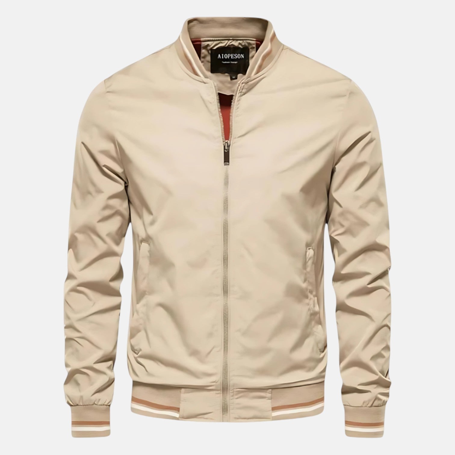Men's beige windproof jacket with zip front and ribbed collar, cuffs, and hem.