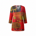 Red abstract-pattern V-neck tunic blouse with 3/4 sleeves, drapey relaxed fit