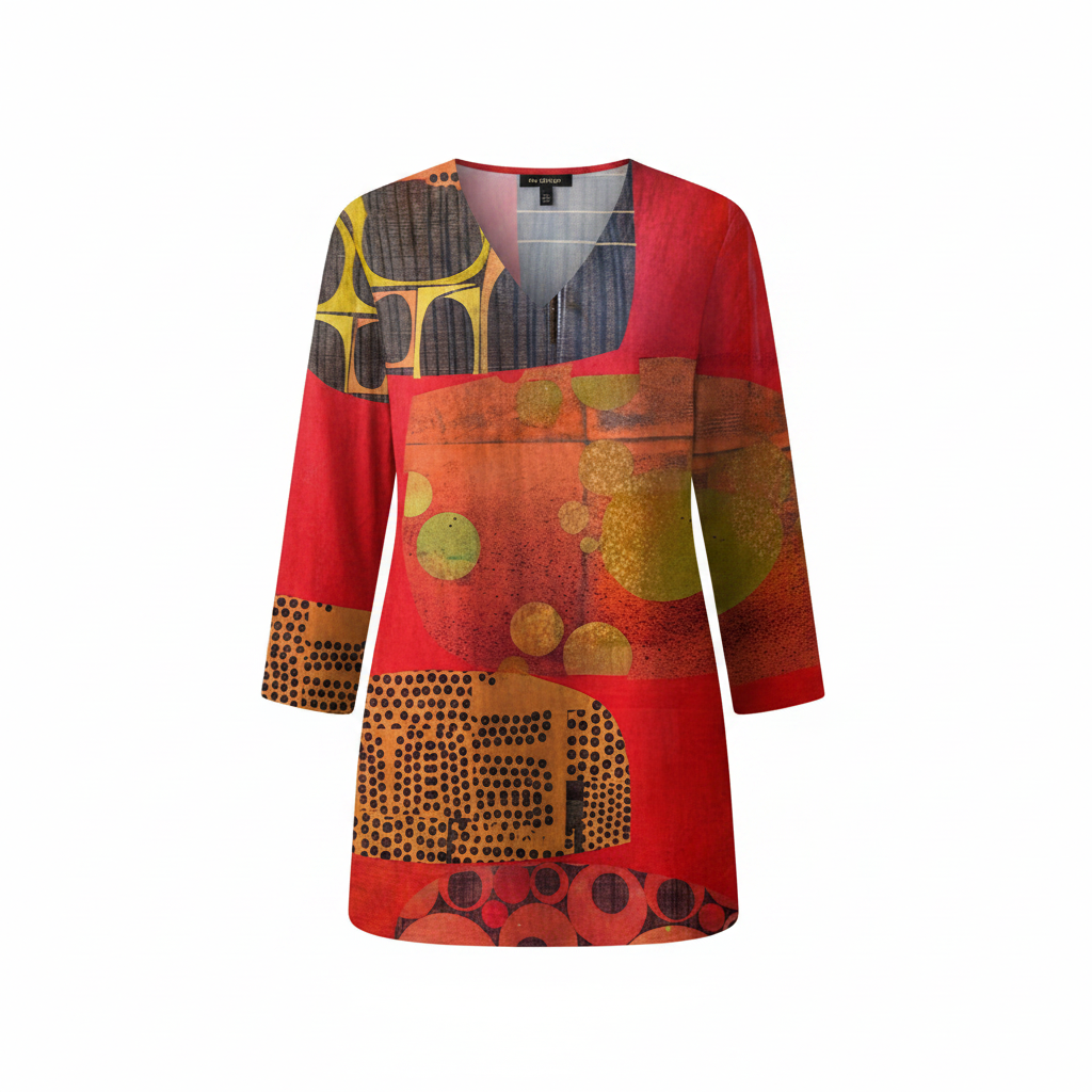 Red abstract-pattern V-neck tunic blouse with 3/4 sleeves, drapey relaxed fit