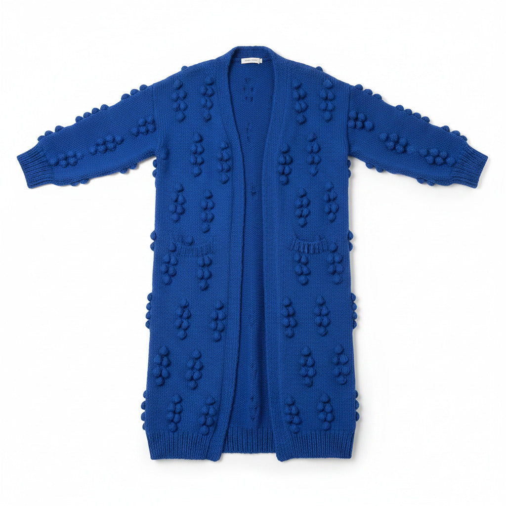 Royal blue relaxed knit pocket cardigan with textured front and open placket