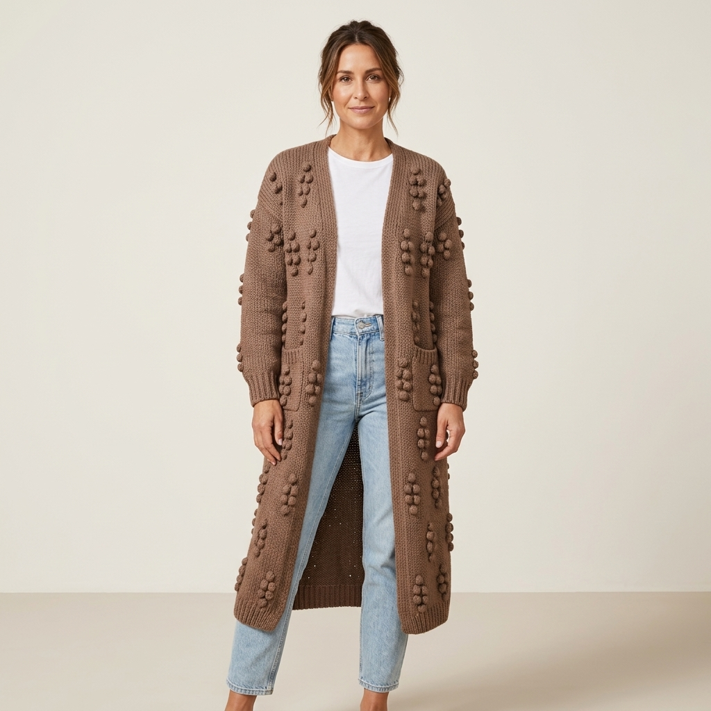 Women's relaxed knit pocket cardigan in coffee-brown, long open front, textured accents