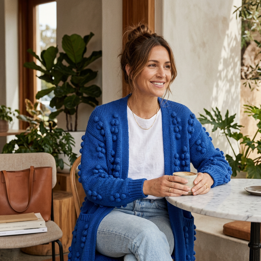 Blue knit cardigan with open front and front pockets