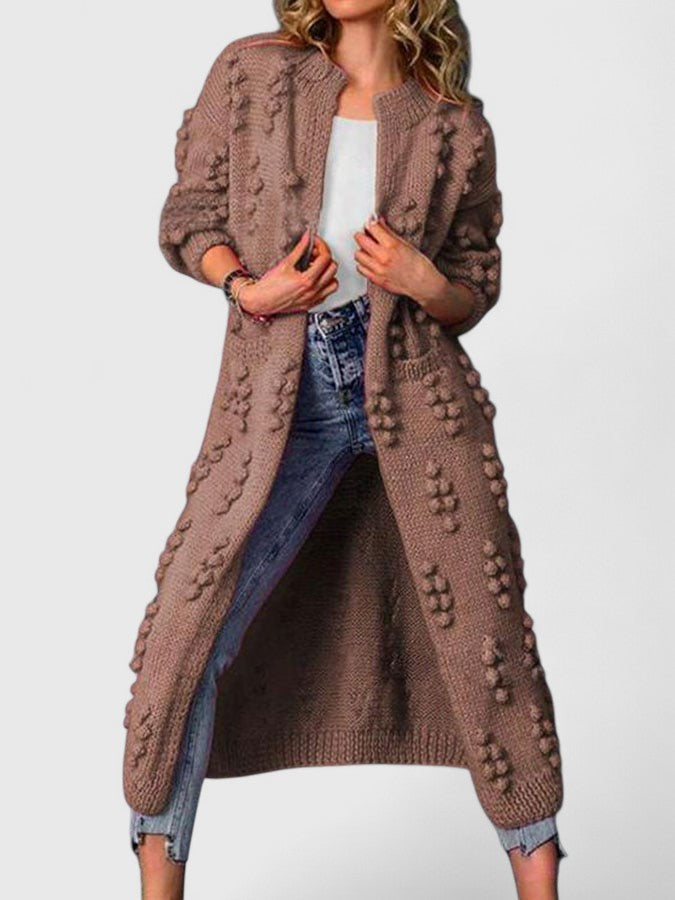 Coffee brown relaxed knit pocket cardigan with textured pattern and open front