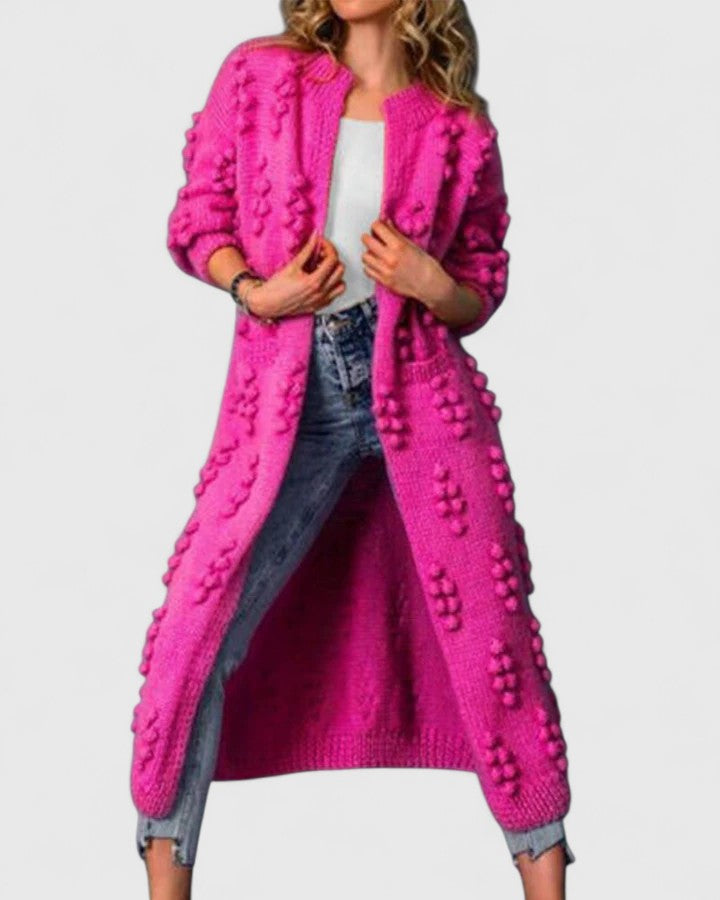 Rose red relaxed knit pocket cardigan with textured trim and open front
