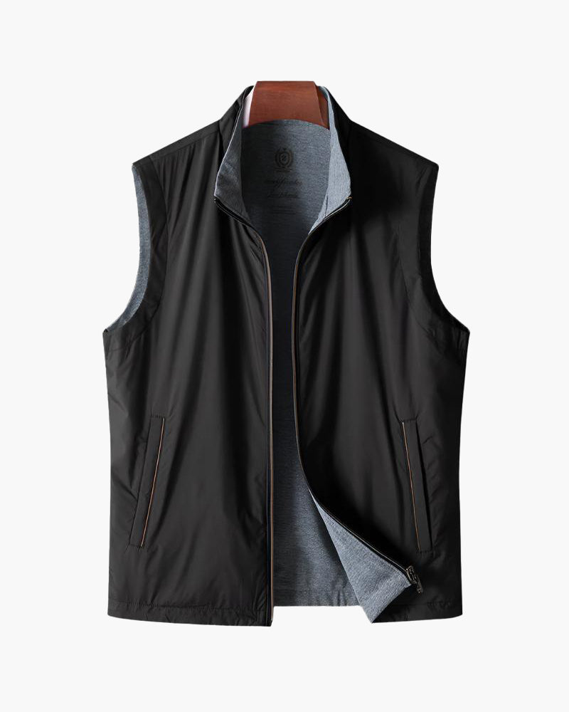 Men's insulated zip-up bodywarmer vest, black with stand collar and two side pockets