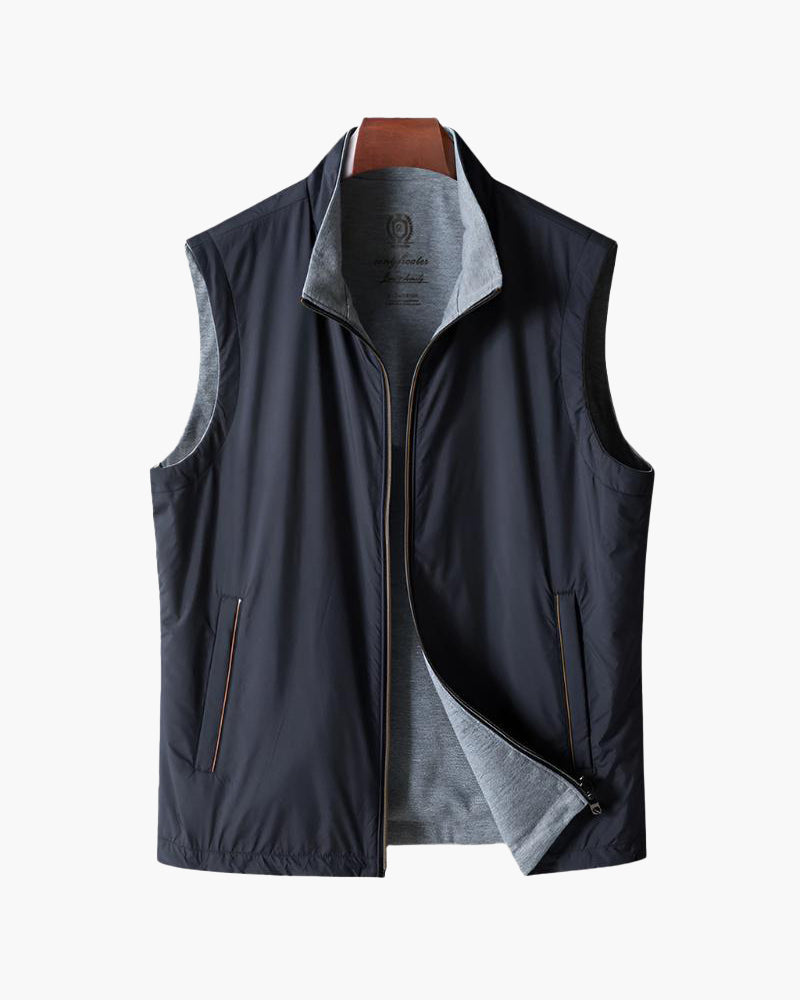 Men's insulated zip-up bodywarmer vest, navy with stand collar and two side pockets