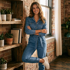 Denim two-piece outfit with chest pockets and belted waist, relaxed fit on model