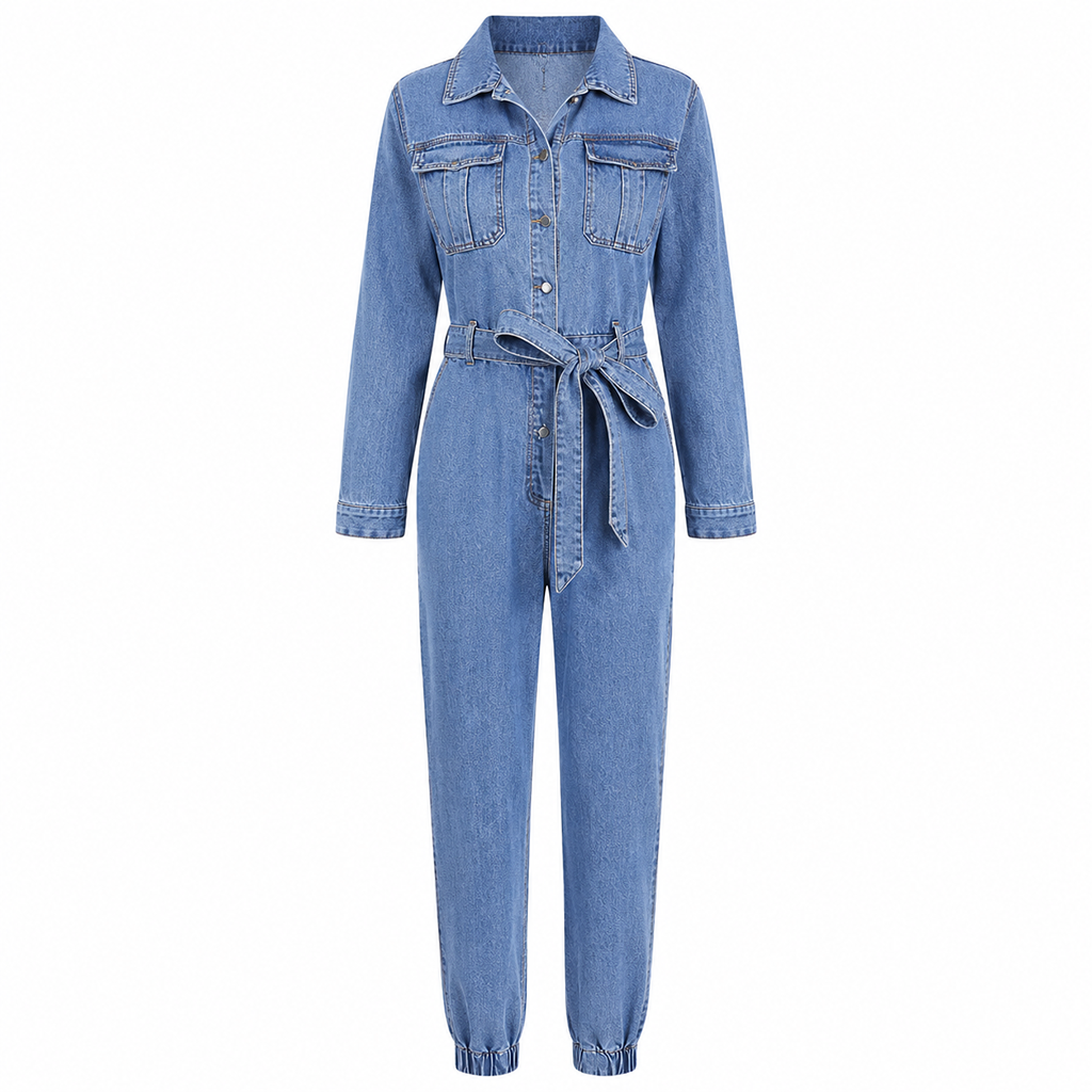 Light blue denim button-front top with chest pockets, belted waist, relaxed two-piece set