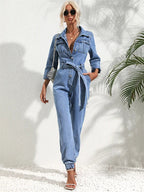 Light blue denim belted two-piece set with button-front top, chest pockets, cuffed legs