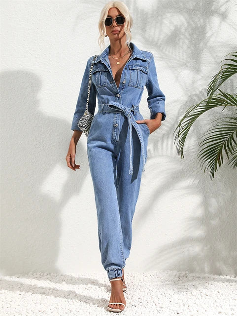 Light blue denim belted two-piece set with button-front top, chest pockets, cuffed legs