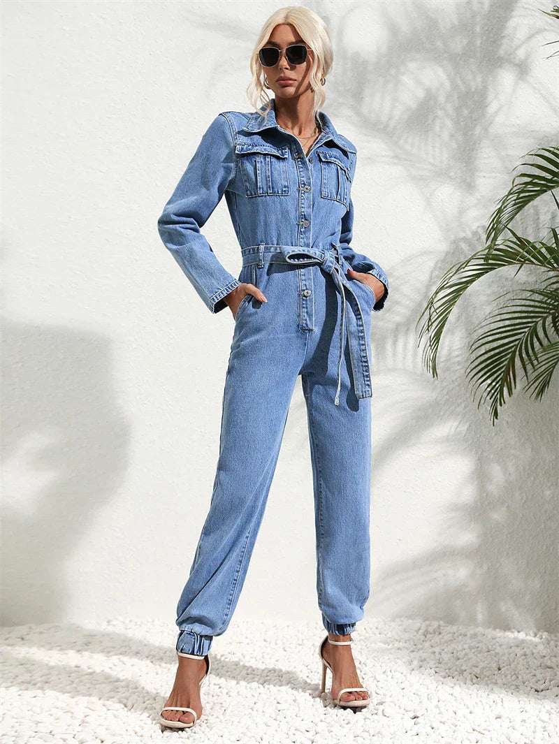 Light blue denim belted button-front set with chest pockets and ankle-cuffed jogger legs