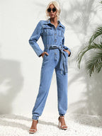 Light blue denim belted button-front set with chest pockets and ankle-cuffed jogger legs