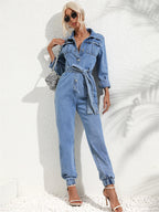 Light blue denim two-piece set with button-front top, chest pockets, tied belted waist