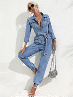 Light blue denim belted button-front set with chest pockets and cuffed tapered jogger legs