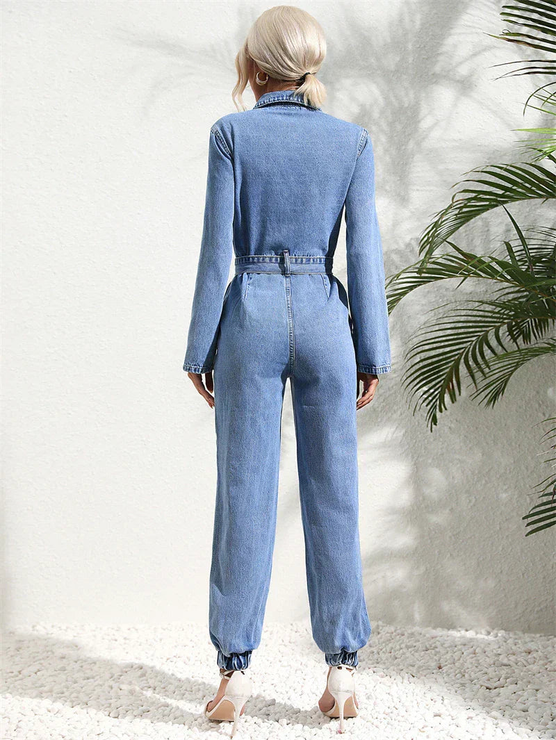 Light blue denim two-piece set from back view, belted waist and cuffed relaxed jogger legs
