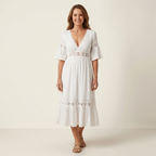 Women's Bohemian Bell Sleeve Midi Dress Deep V-Neck Openwork Lace White Empire Waist
