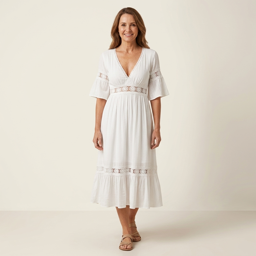 Women's Bohemian Bell Sleeve Midi Dress Deep V-Neck Openwork Lace White Empire Waist