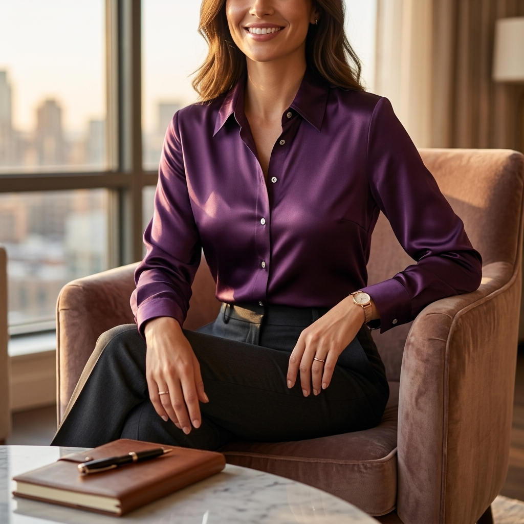 Women's collar button-front blouse, purple, long sleeves