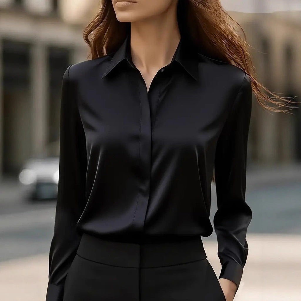 Women's collar button-front blouse, black, long sleeves