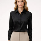 Black satin-look button-front blouse with point collar and long sleeves