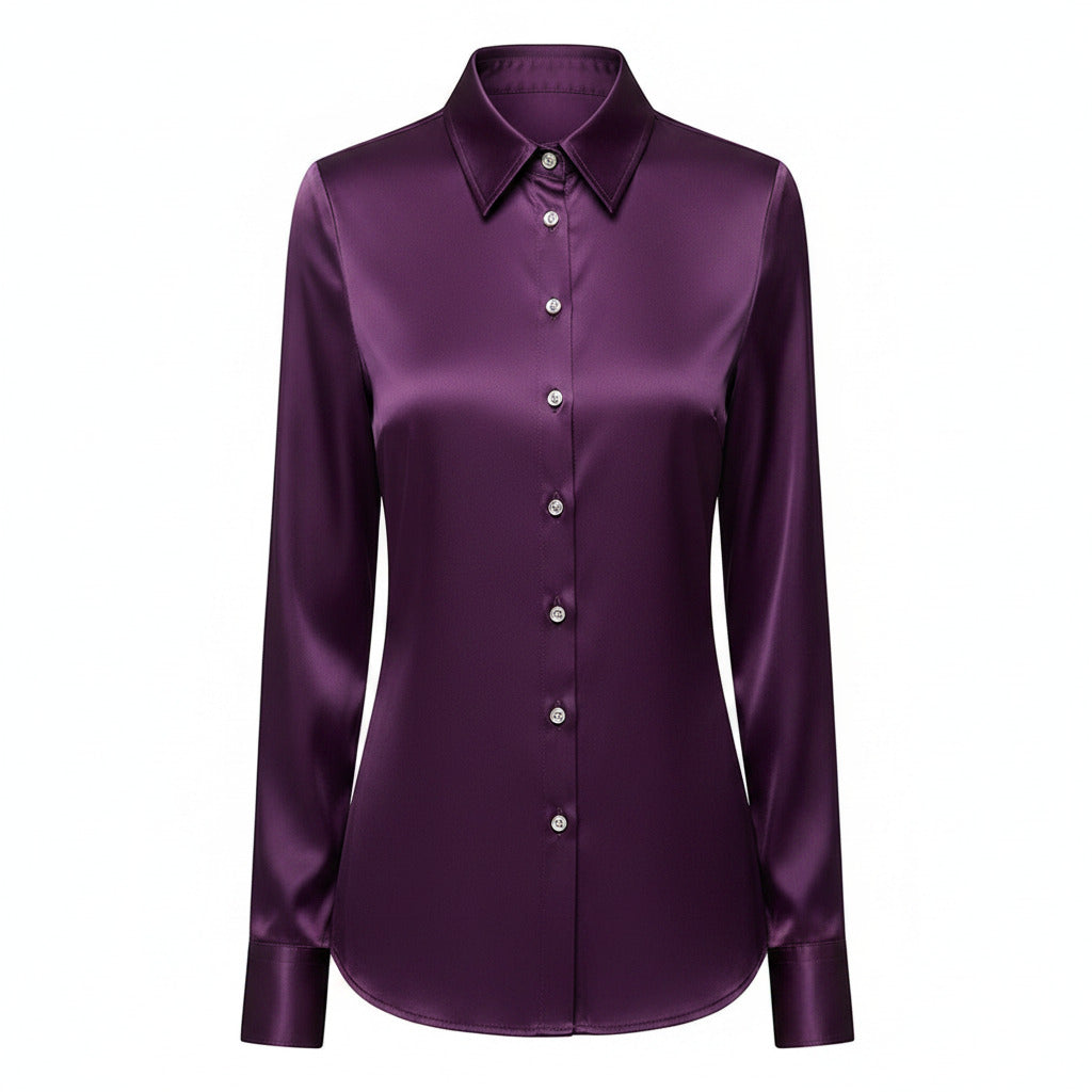 Purple button-up blouse with pointed collar and long sleeves