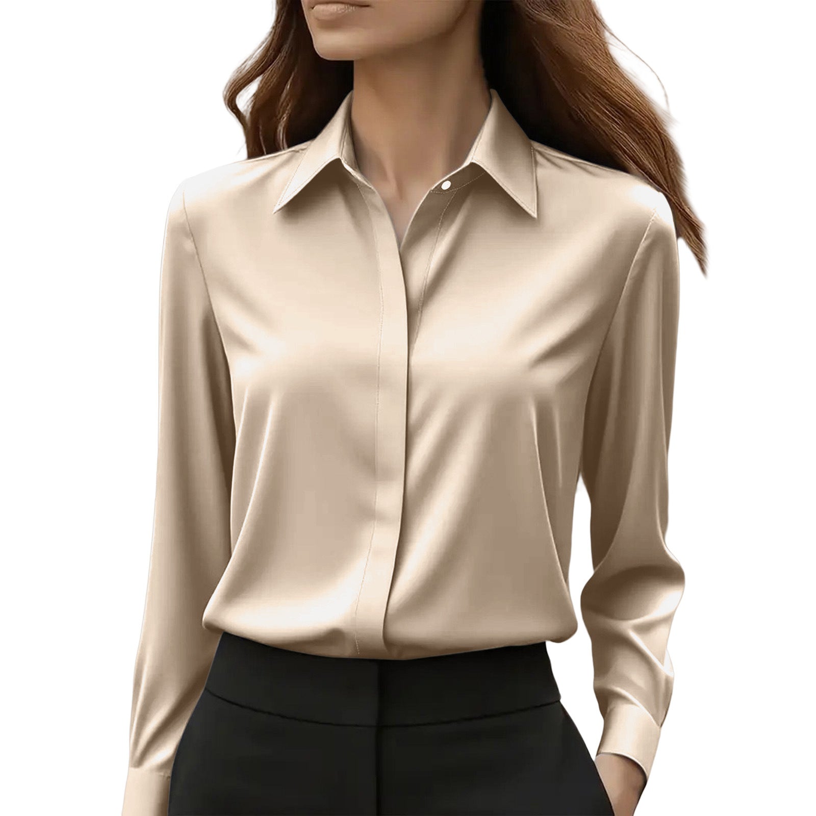 Beige button-up blouse with pointed collar and long sleeves