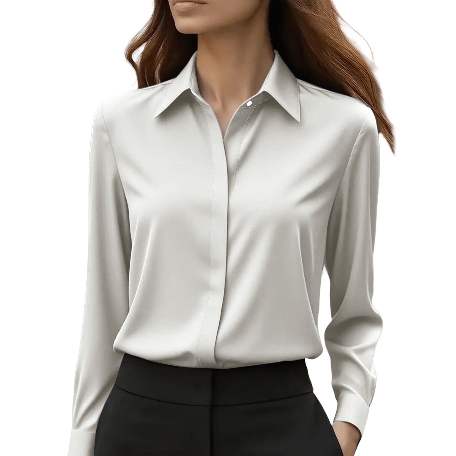 White button-up blouse with pointed collar and long sleeves