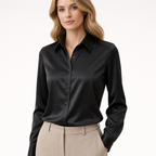 Black button-front blouse with point collar and long sleeves, neat button placket