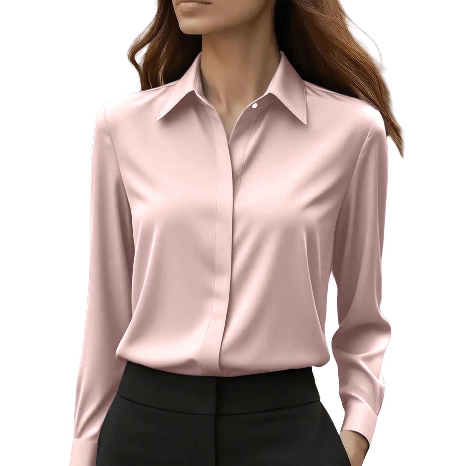Light pink button-front blouse with point collar and long sleeves
