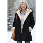 Black sherpa-lined winter coat with hood and cream faux-fur trim, toggle buttons.