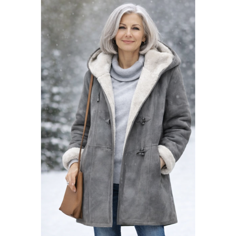 Gray sherpa-lined winter coat with hood and cream faux-fur trim, toggle buttons.