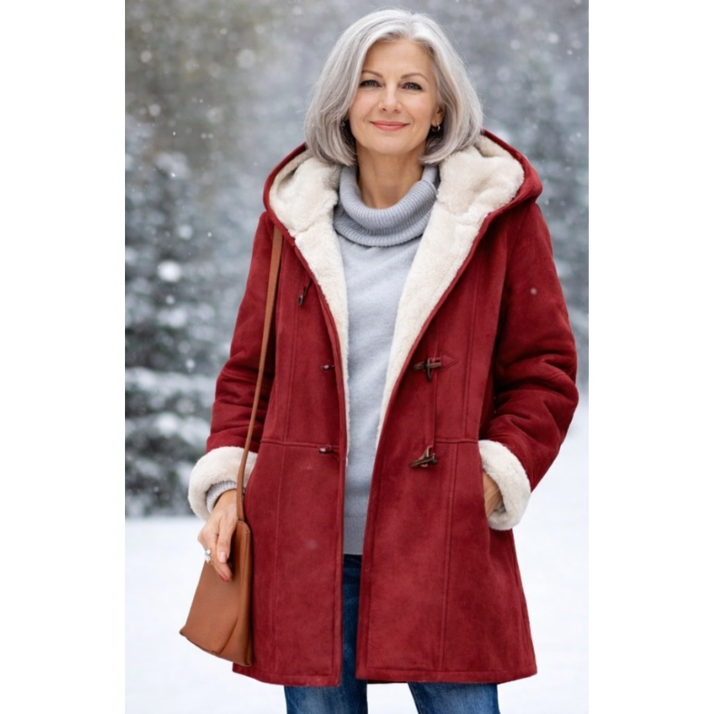 Red sherpa-lined winter coat with hood and cream faux-fur trim, toggle buttons.