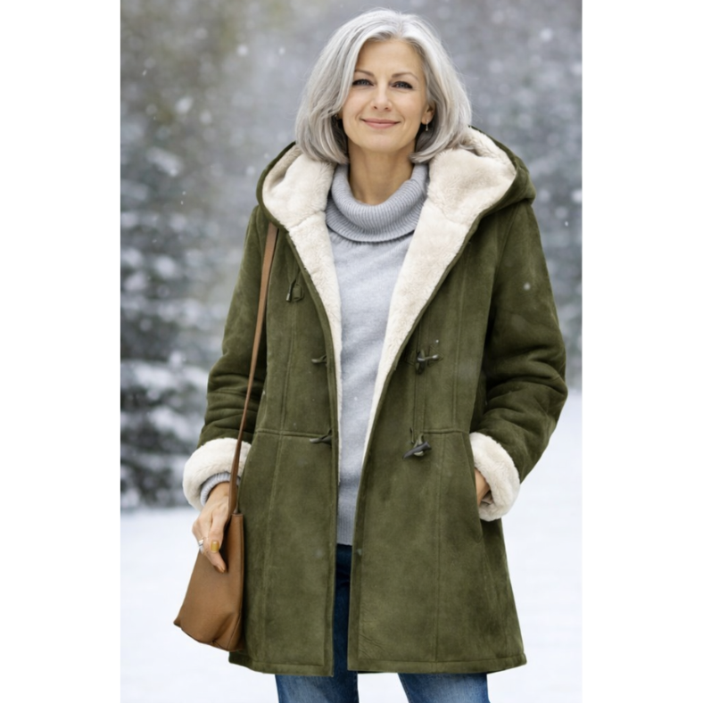 Green sherpa-lined winter coat with hood and cream faux-fur trim, toggle buttons.