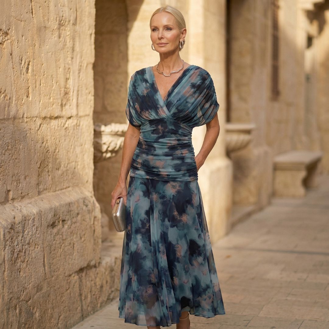 Off-shoulder pleated maxi dress with draped V neckline, blue watercolor print