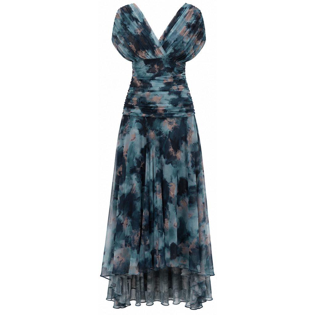 Off-shoulder pleated maxi dress with draped V neckline, tiered skirt, blue watercolor print