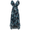 Off-shoulder pleated maxi dress with draped V neckline, tiered skirt, blue watercolor print