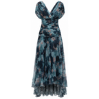 Off-shoulder pleated maxi dress with draped V neckline, tiered skirt, blue watercolor print