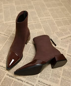 Brown suede ankle boots with glossy pointed toe and block heel, side zipper