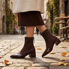 Women's dark brown suede ankle boots with patent toe and block heel