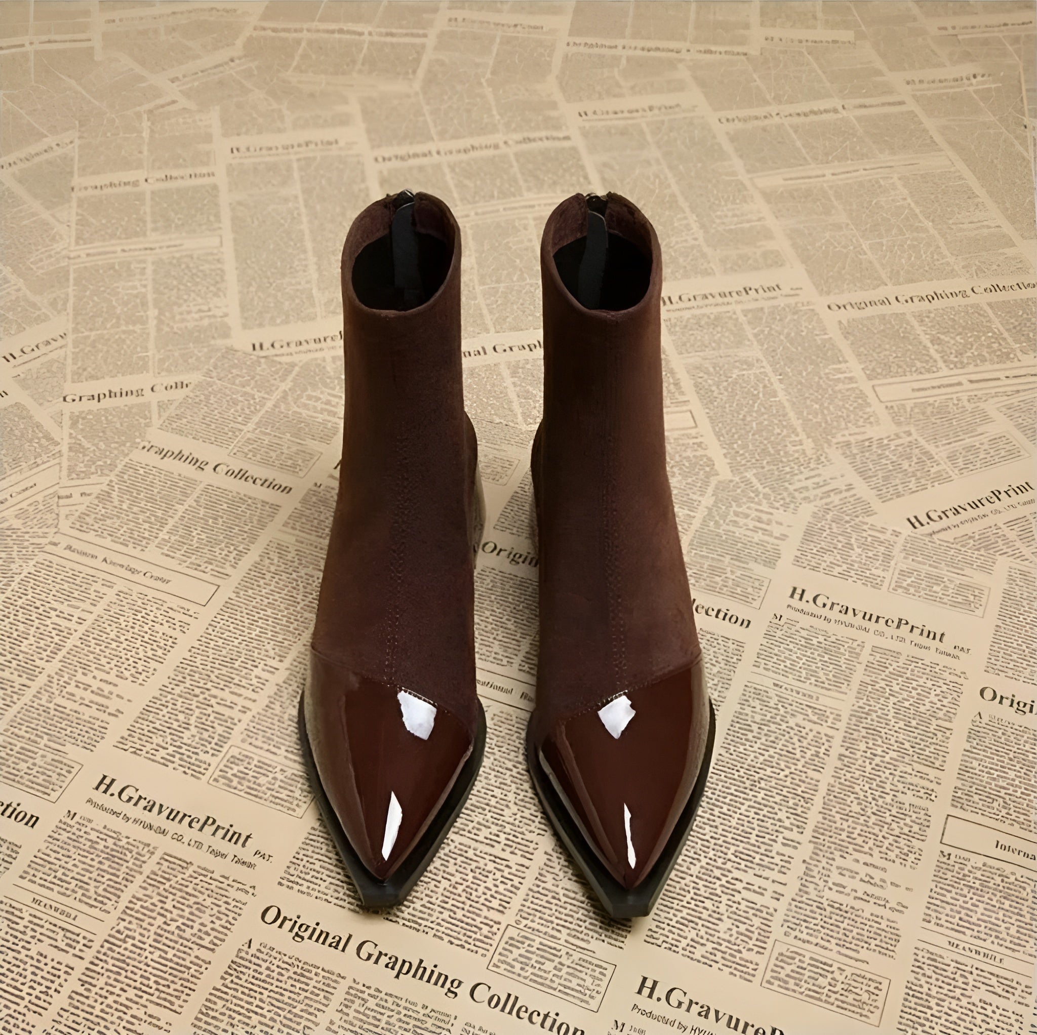 Brown suede ankle boots pair with glossy pointed toe and block heel