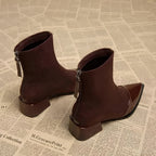 Brown suede ankle boots with side zipper and glossy pointed toe, block heel