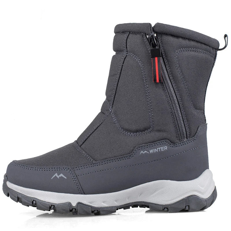 Mid-calf snow boots in dark gray fabric with side zipper and padded cuff