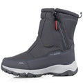 Mid-calf snow boots in dark gray fabric with side zipper and padded cuff