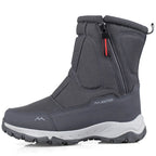Mid-calf snow boots in dark gray fabric with side zipper and padded cuff