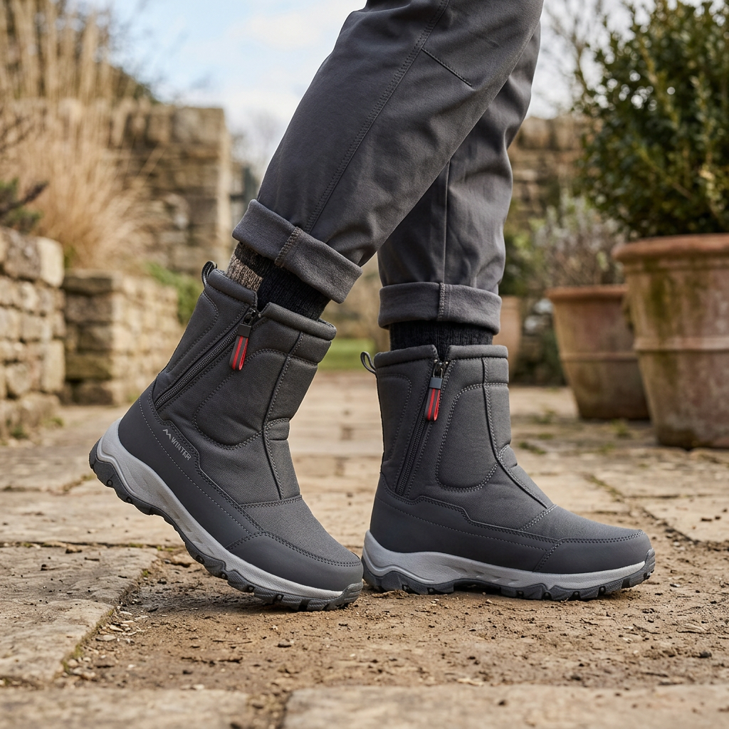Women's mid-calf snow boots, dark gray/black, plush-lined with tread sole and zipper pull.