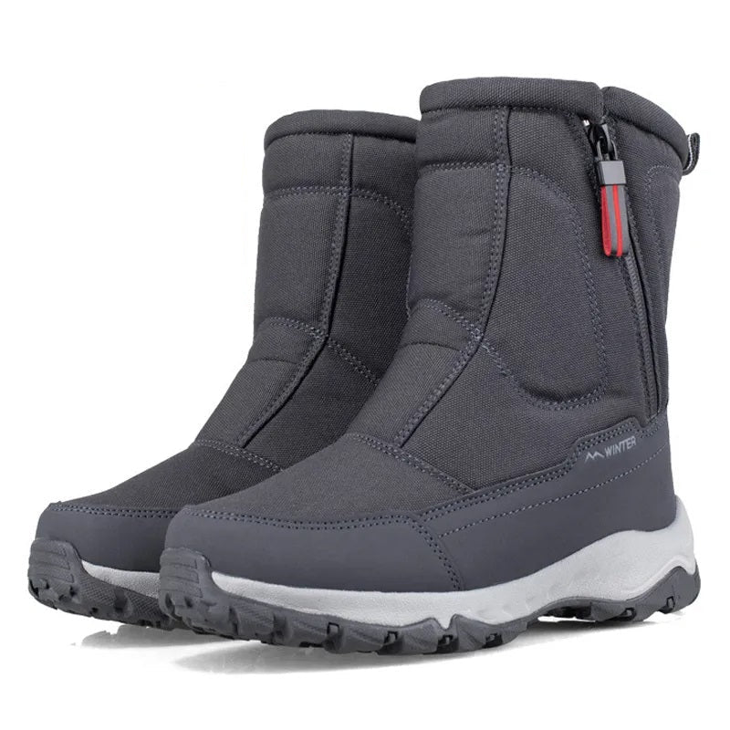 Mid-calf snow boots, dark gray, quilted-look uppers with side zipper and lug sole