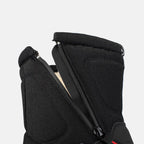 Black mid-calf snow boots with side zipper, padded collar, and stitched panels