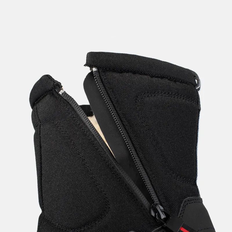 Black mid-calf snow boots with side zipper, padded collar, and stitched panels