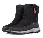 Mid-calf snow boots in black with side zipper, elasticized panels, and white midsole