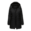 Mid-length quilted parka with hood, black zip-front and buttoned shoulder tabs